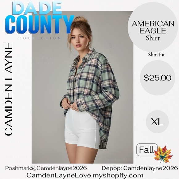 American Eagle Green, Purple and Pink Plaid Shirt - Picture 3 of 6